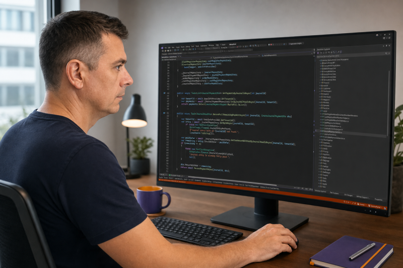 Vývojář při práci na zakázkové .NET aplikaci ve Visual Studio